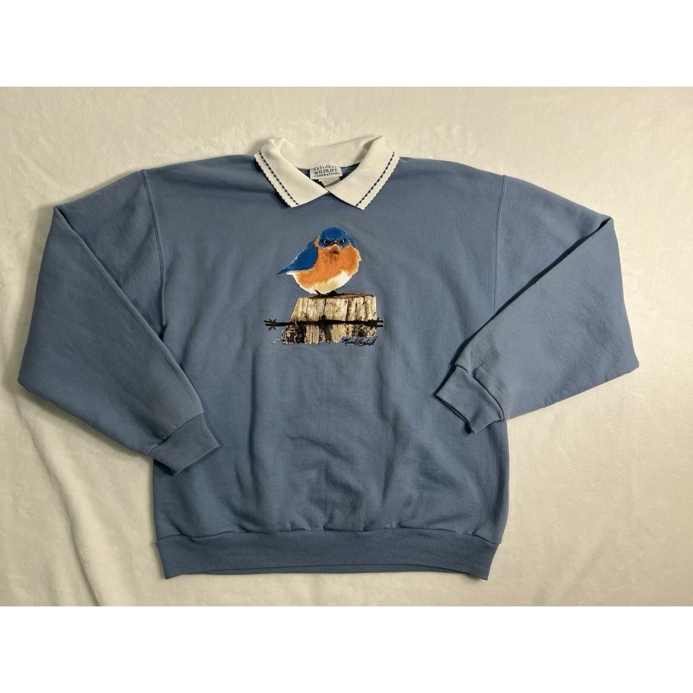 National Wildlife Federation Blue Collared Embroidered Bird Sweater Women's M